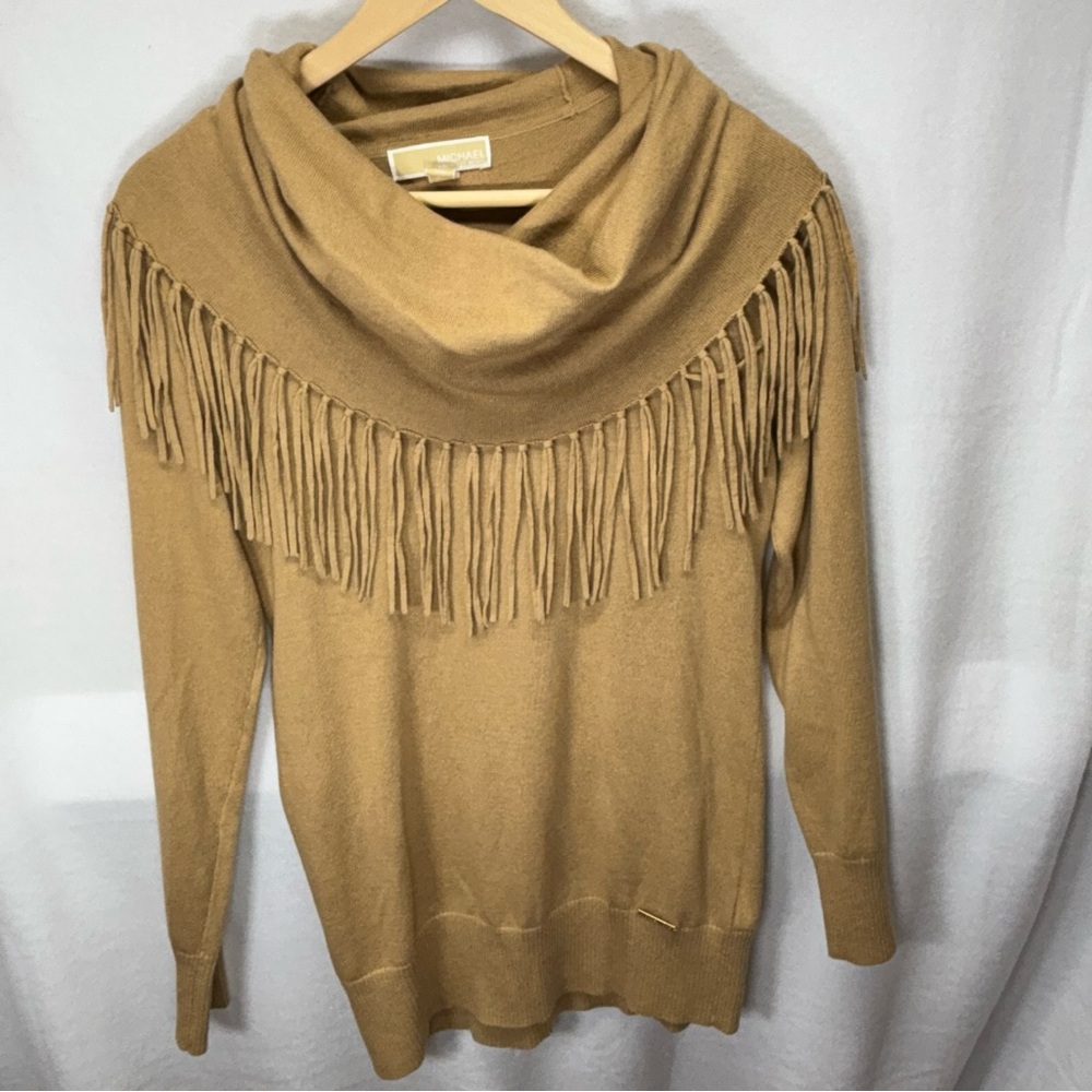 Michael Kors Tan Fringe Cowl Neck Sweater Size Small